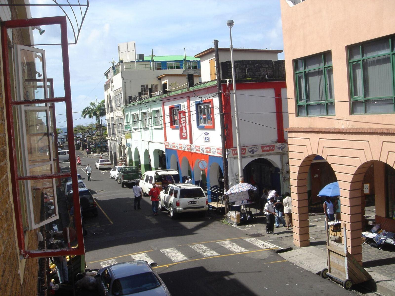 A street of shops and arcades in Kingstown, St. Vincent