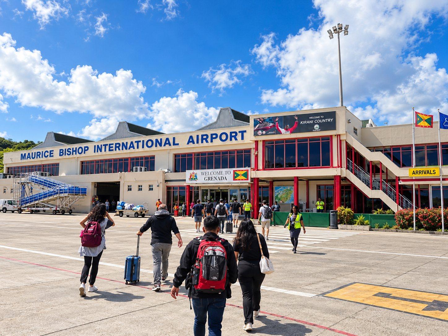 Travellers with luggage walking towards the arrivals entrance at Maurice Bishop International Airport, Grenada