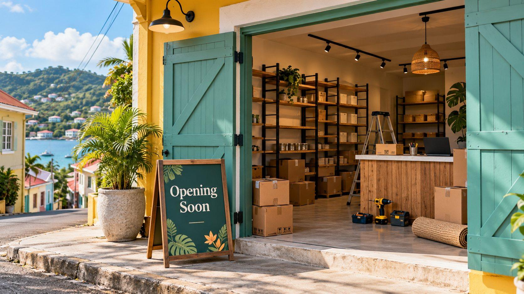 A new shop being fitted out behind open green doors, with an Opening Soon sign outside and a harbour view down the street