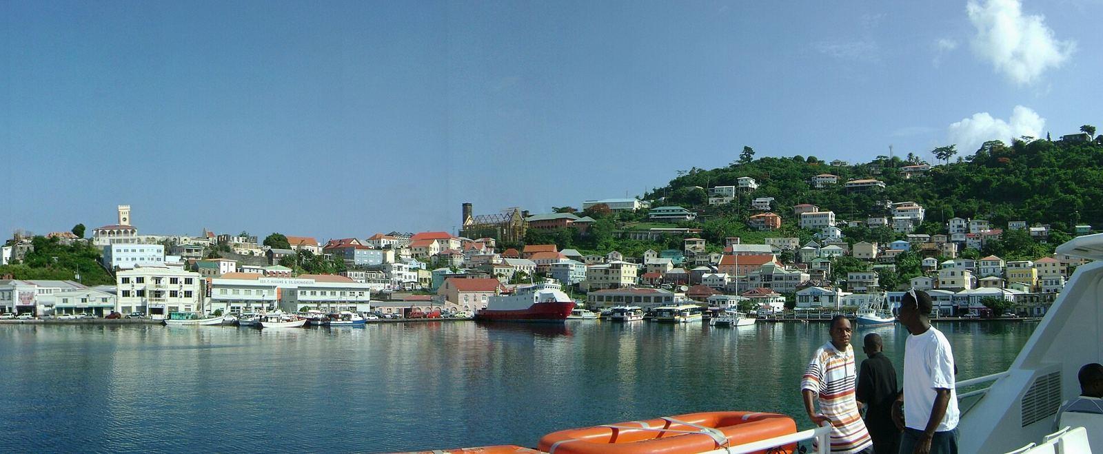 The Carenage in St. George's, Grenada, with houses on the hillside above the harbour
